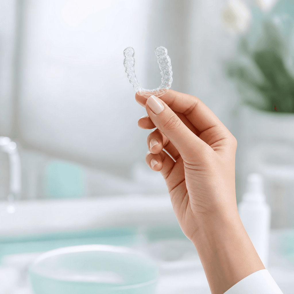A hand holding a clear aligner
