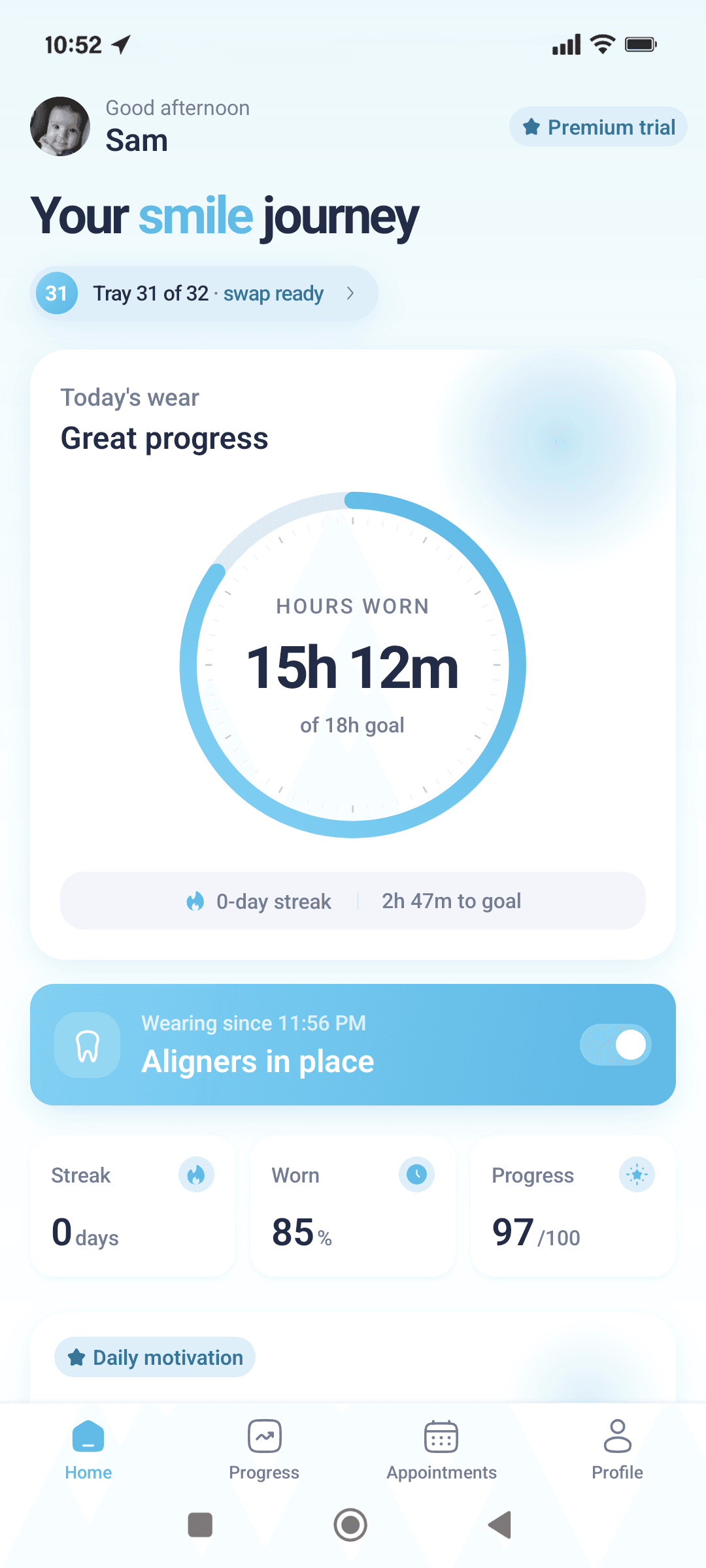 Home screen with the wear-time ring